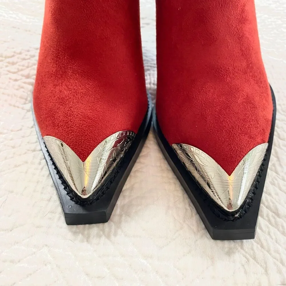 NEW Bright Red Faux Suede Western Cowgirl Silver Metal Snip Toe Cowboy Boots 7